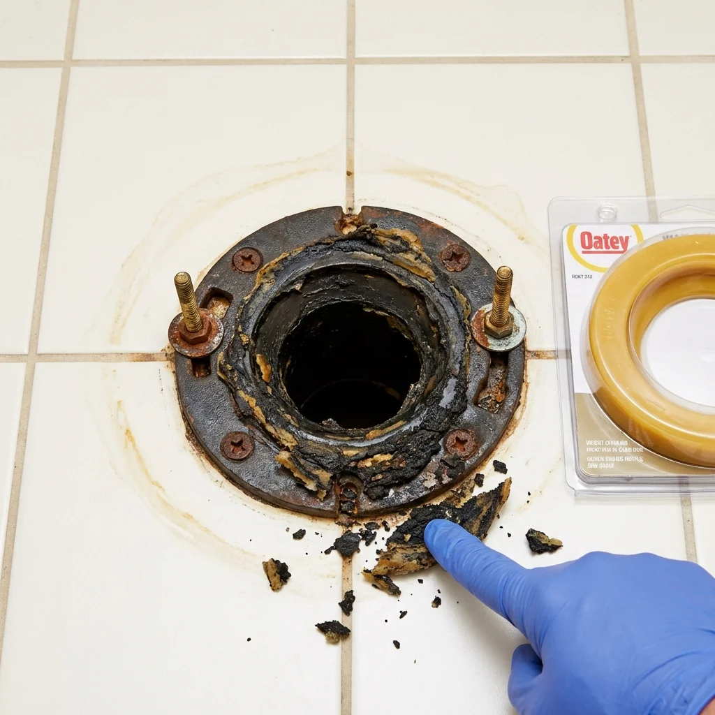 Failed wax ring showing water seepage at the base of a toilet in a Douglas, MA home