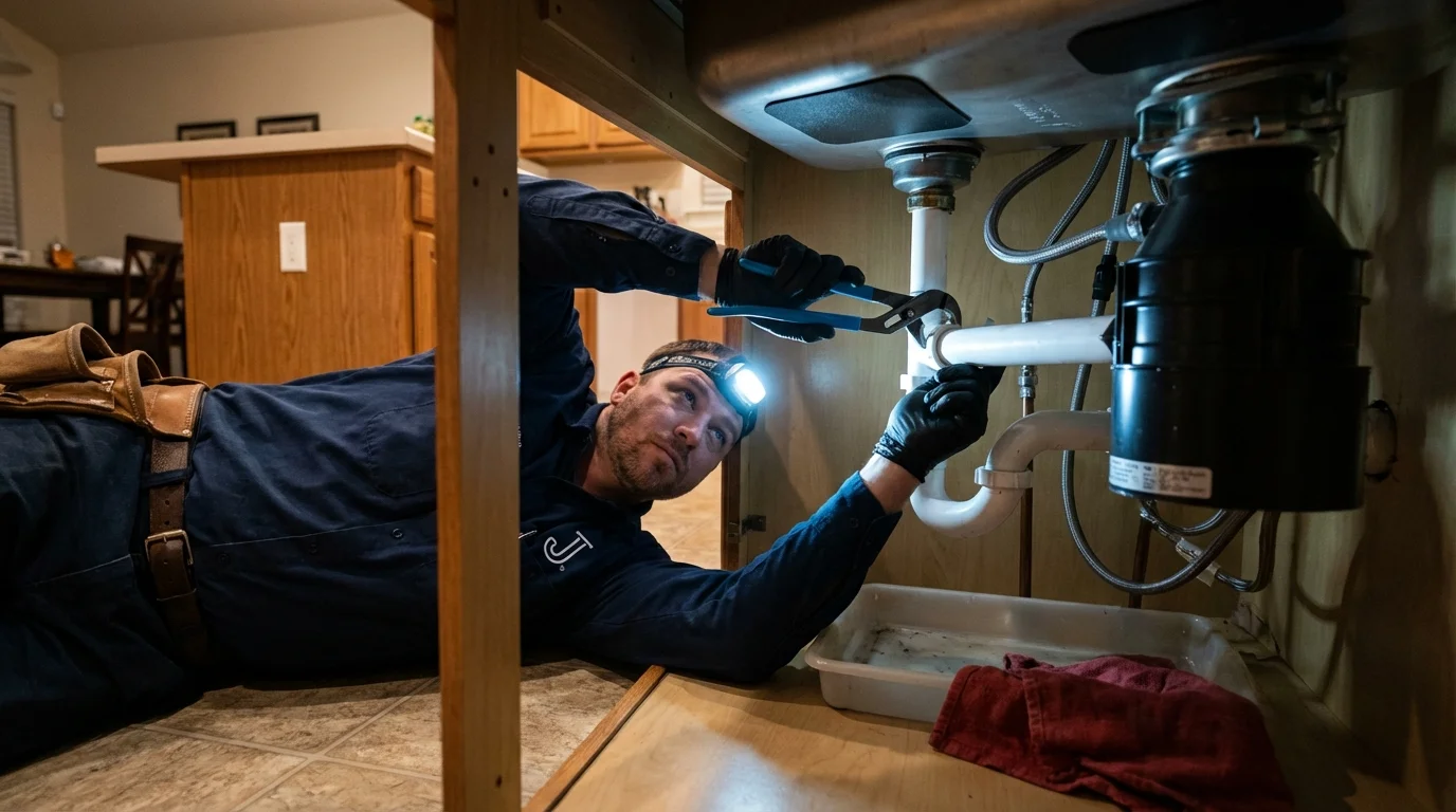 P-trap and supply line connections under a kitchen sink showing a common leak point in Douglas, MA